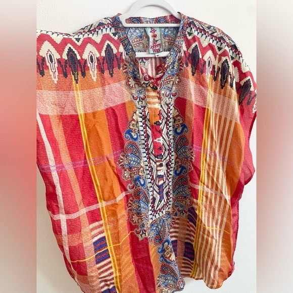 Johnny Was Red Orange Paisley abstract printed multi color silk Poncho M - Picture 2 of 9